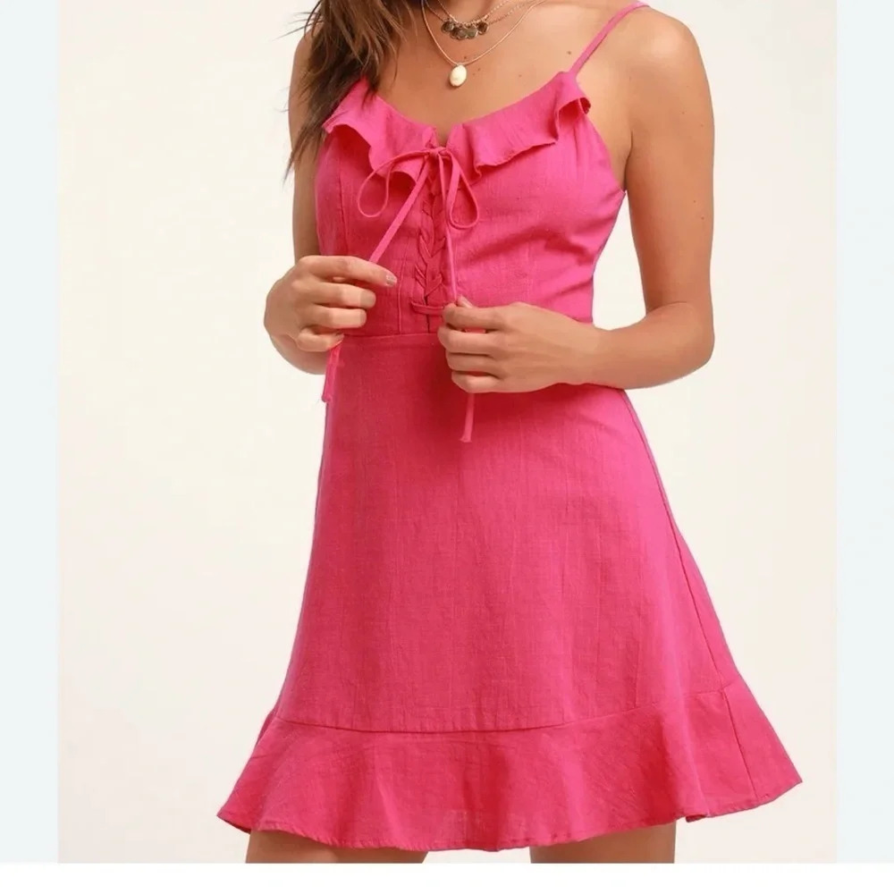Lulu's Hot Pink Cotton Mini Skater Dress Women's‎ Large with adjustable straps